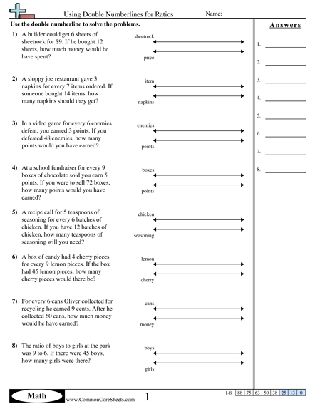 Ratio Worksheets - Using Double Numberlines for Ratios  worksheet